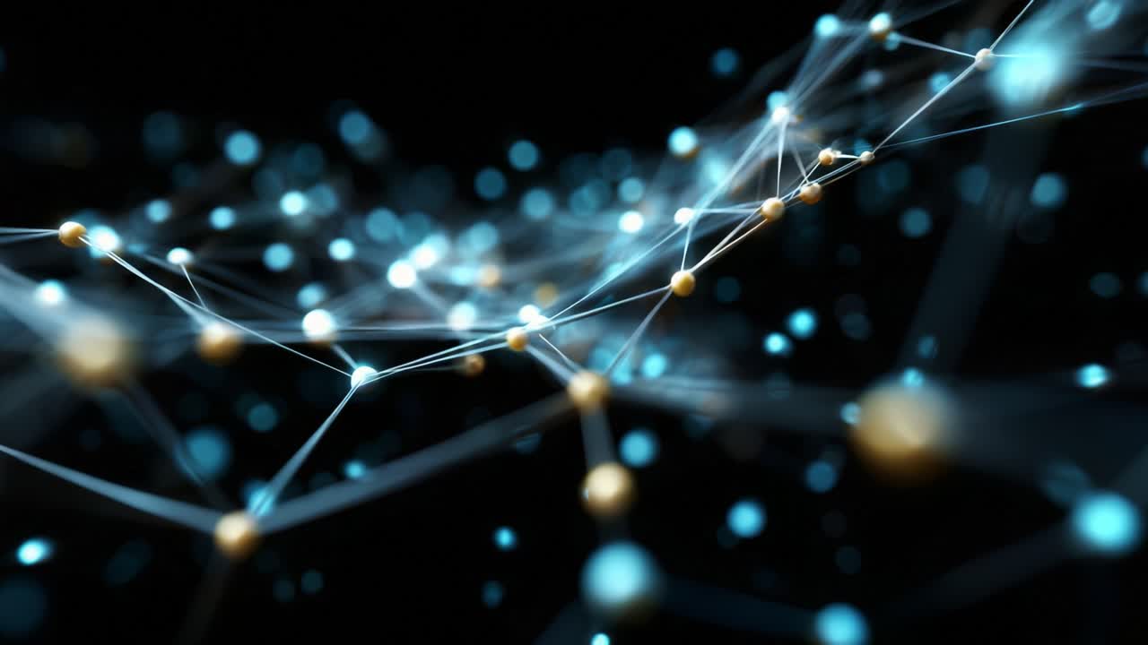 A Stunning Visualization of Interconnected Nodes and Particles, Showcasing the Elegance and Complexity of Network Structures in a Dark, Ethereal Space