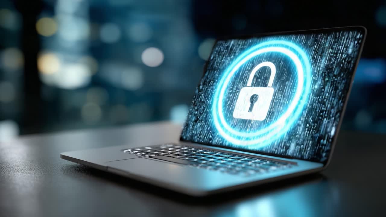 Visual Representation of Cybersecurity Concepts: A Laptop Displaying Lock Symbols and Digital Encryption Effects Signifying Data Protection and Online Security Measures