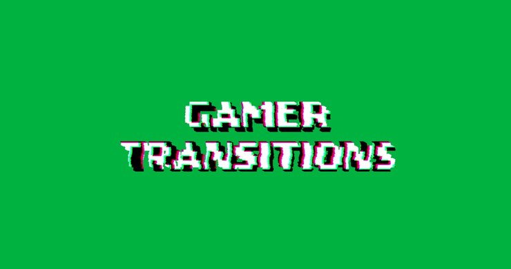 Tela trasparente con glifi tremolanti che formano TRANSIZIONI GAMER, glitch di frantumazione per il gaming