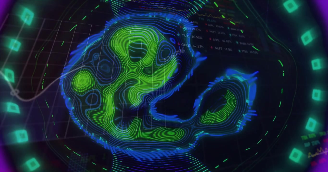 Animation of moving waves and financial graphs over black background