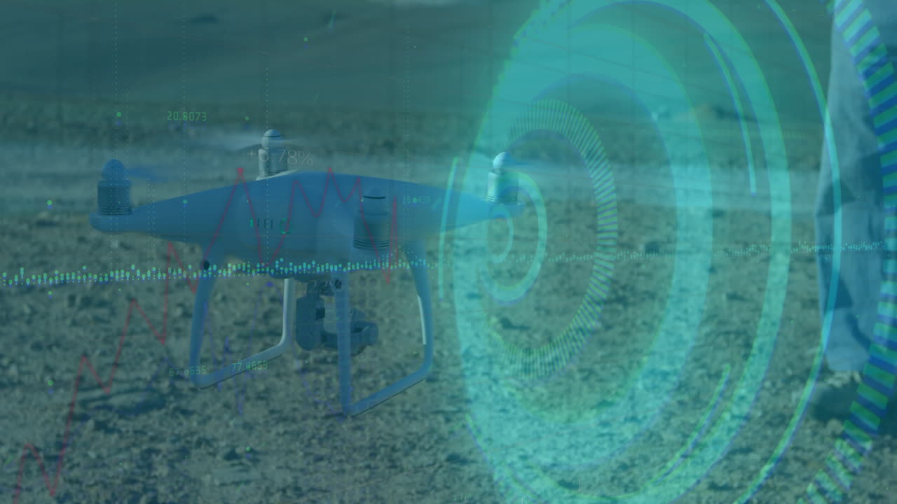 Drone flying over sandy terrain with digital data and radar animation overlay
