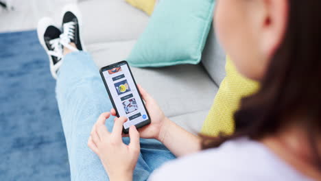 Woman,-hands-and-browsing-phone-screen