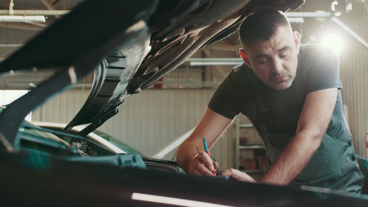 mecánico inspeccionando el motor del coche en el garaje