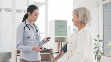 Woman,-doctor-and-blood-pressure-of-senior-patient