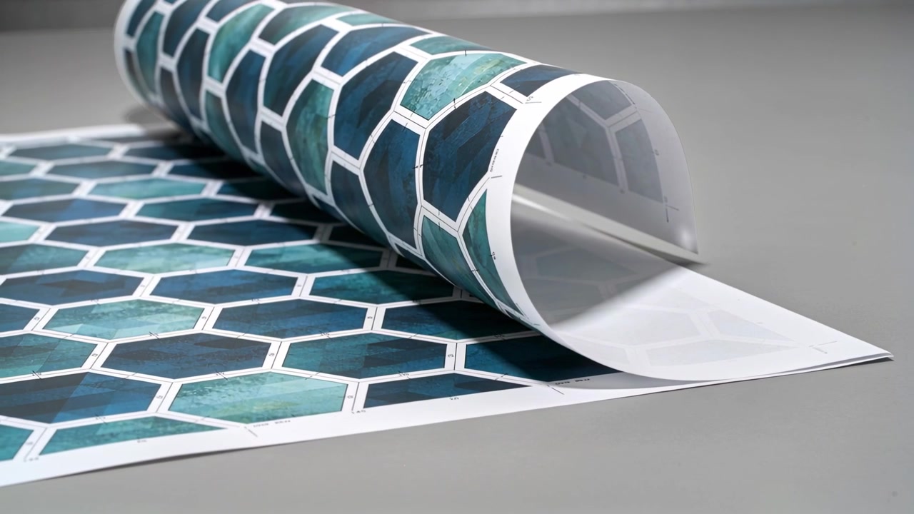 Unrolling curled edge, printed roll revealing teal hex pattern, white back on grey table for check