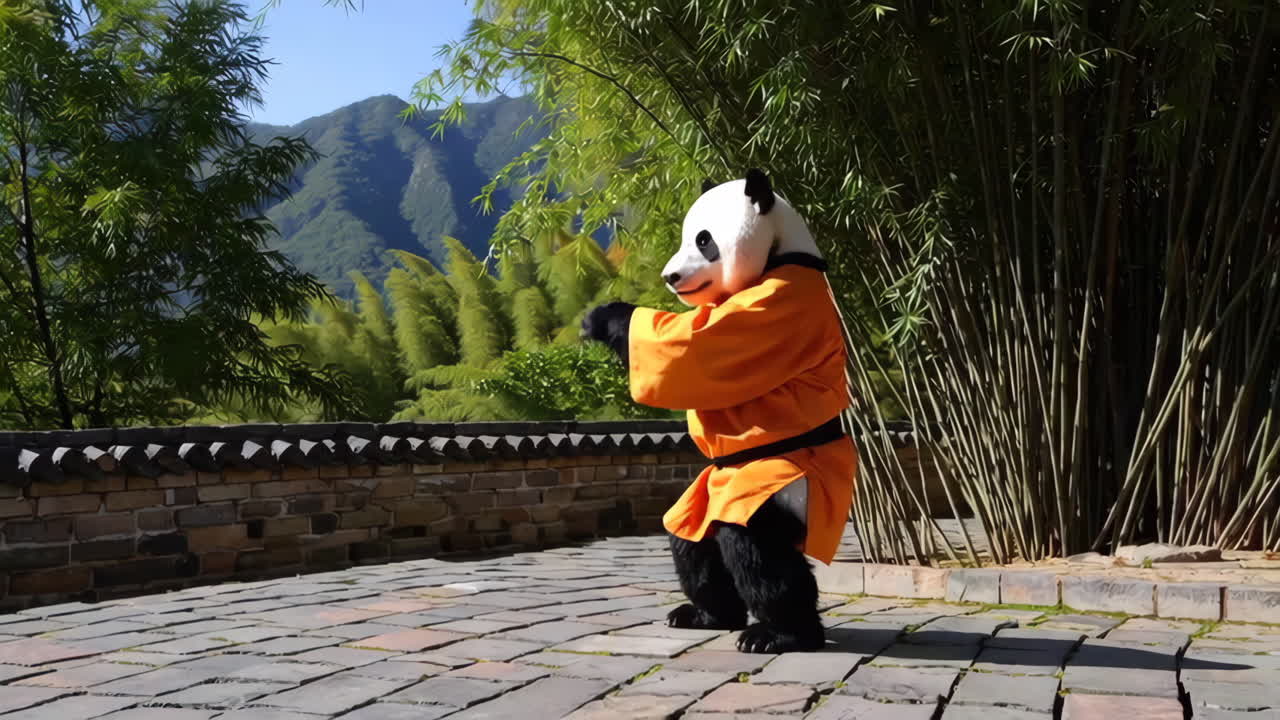Panda Performing Kung Fu in a Bamboo Forest