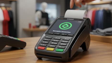 payment transaction device displaying confirmation of successful payment completion and modern retail environment in the background