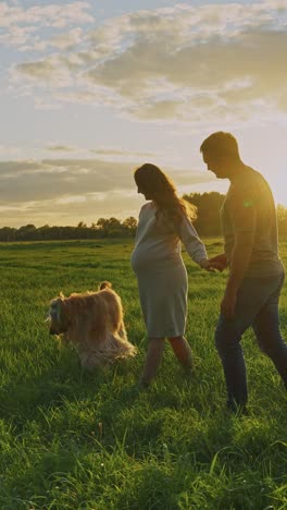 Pregnant Couple and Dog at Sunset
