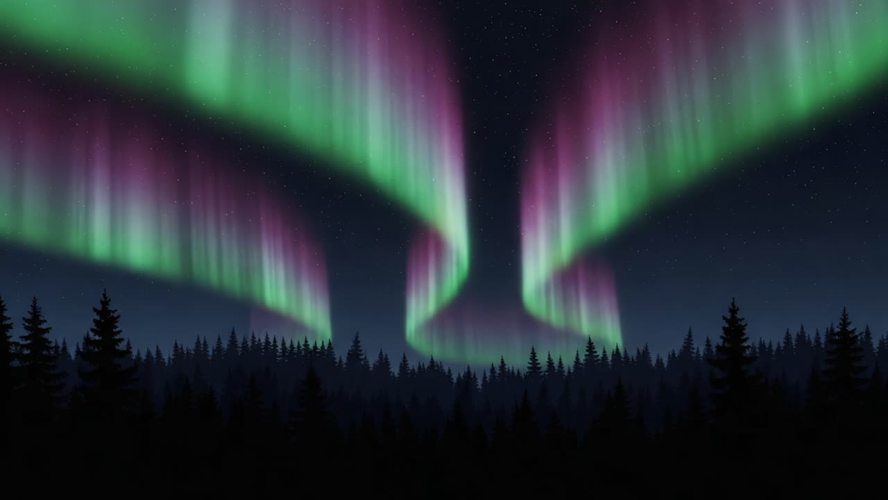 Breathtaking Night Sky Display: The Mesmerizing Movement of the Northern Lights Illuminates the Forest Landscape with Vibrant Colors and Celestial Beauty