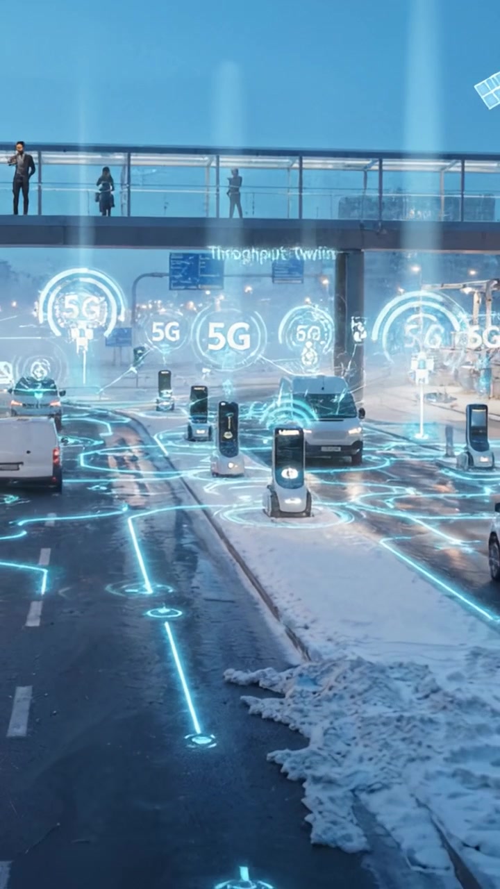 Incrocio futuristico di città intelligente che mostra veicoli autonomi e tecnologia 5G in un paesaggio urbano innevato durante le prime ore del mattino.