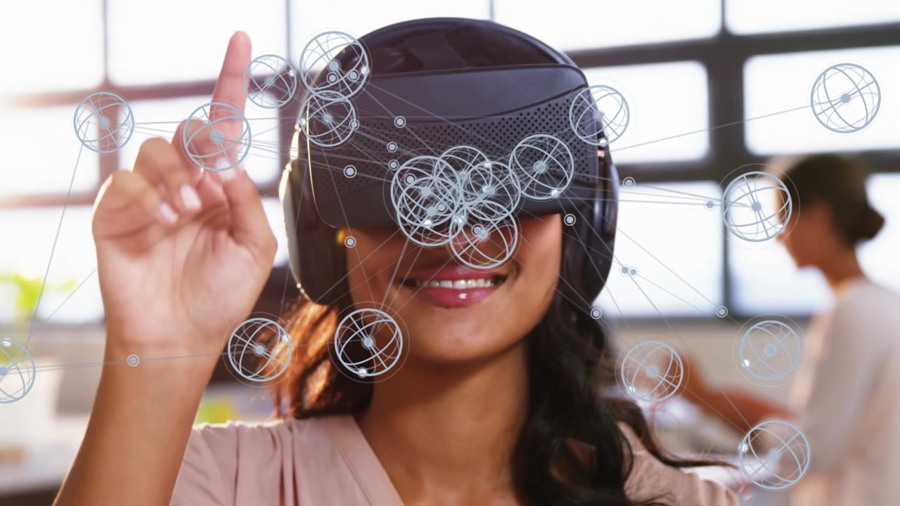Woman wearing VR headset raising finger in bright office, making 3D nodes align for tech demo