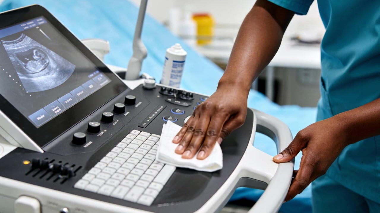 Technicien en uniforme médical sarcelle nettoyant la console d'échographie dans une clinique après avoir positionné un drap pour la sécurité.