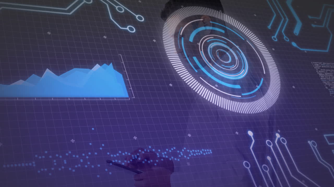 Man with stylus interacting with holographic interface in tech lab showing area chart and radial UI