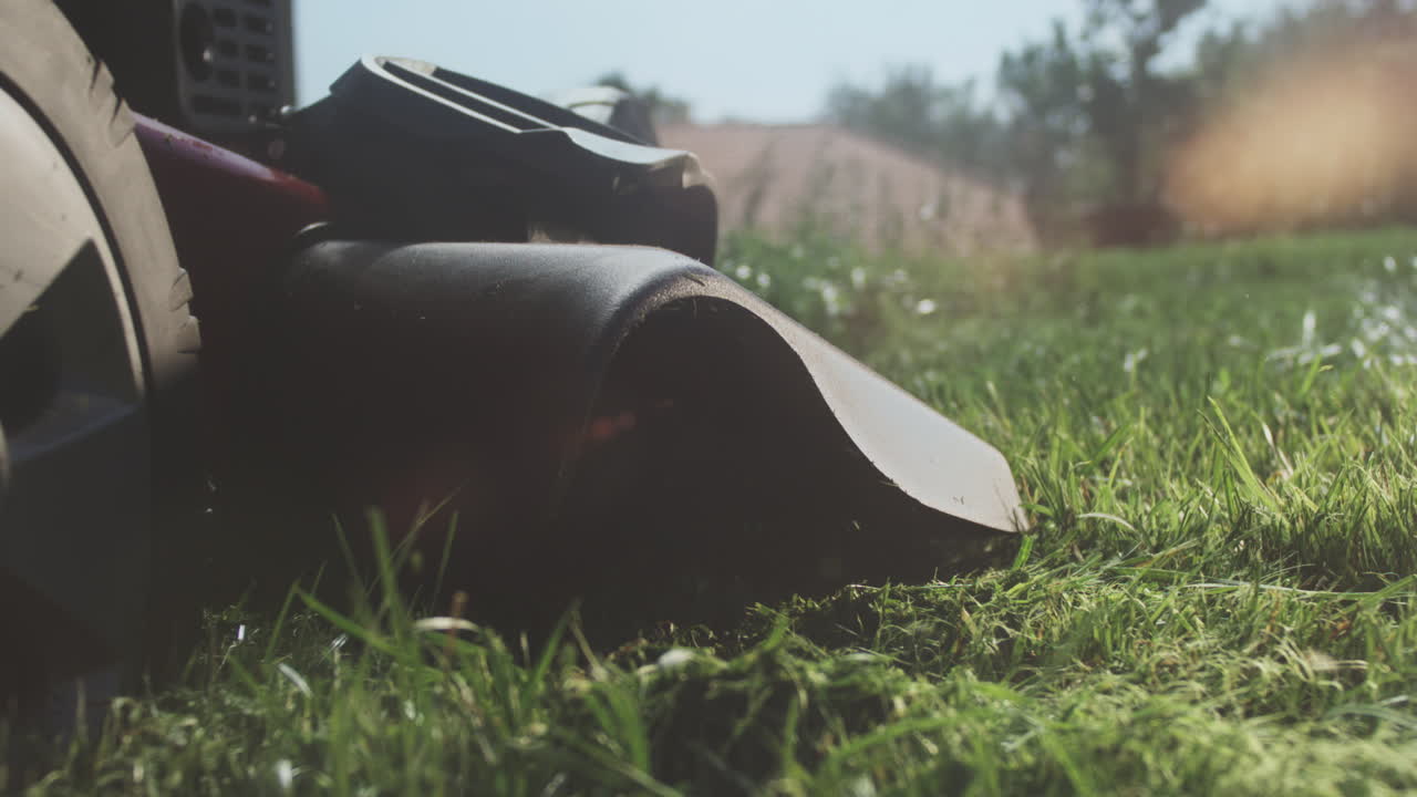 마당 에 있는 잔디 기 기계 의 클로즈업