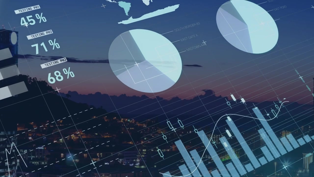 Animation of data processing over cityscape