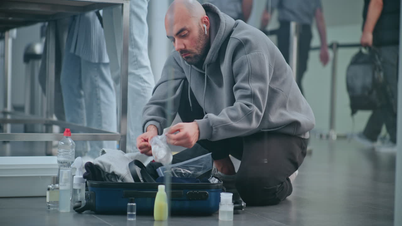 Passenger Checking Luggage at Airport Security