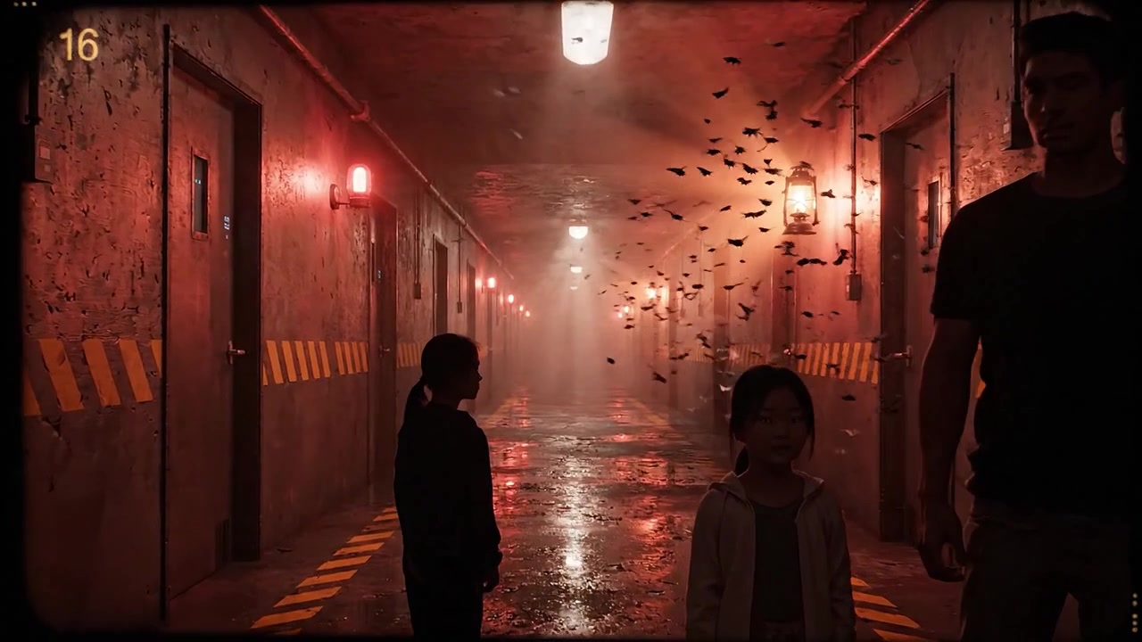 Un pasillo misterioso: Un padre y sus hijas encuentran un enjambre de mariposas etéreas en una inquietante instalación abandonada iluminada por luces rojas parpadeantes.