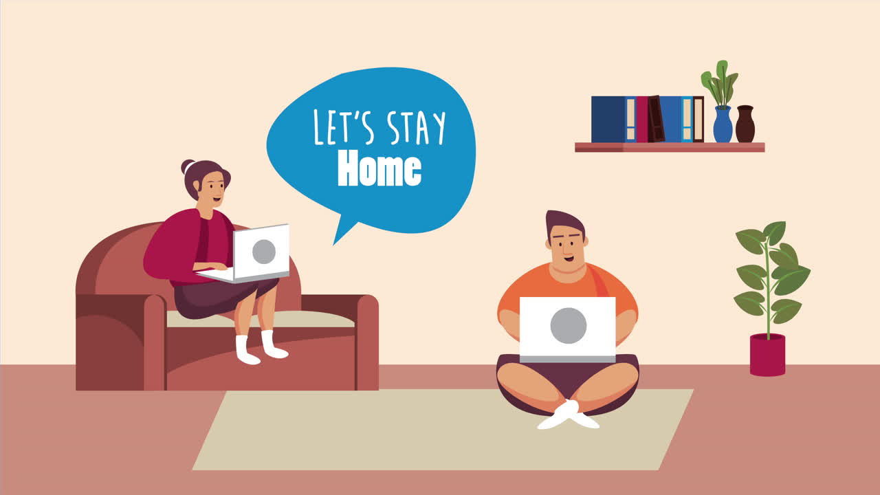 campaña de quedarse en casa con una pareja usando una computadora portátil en la sala de estar