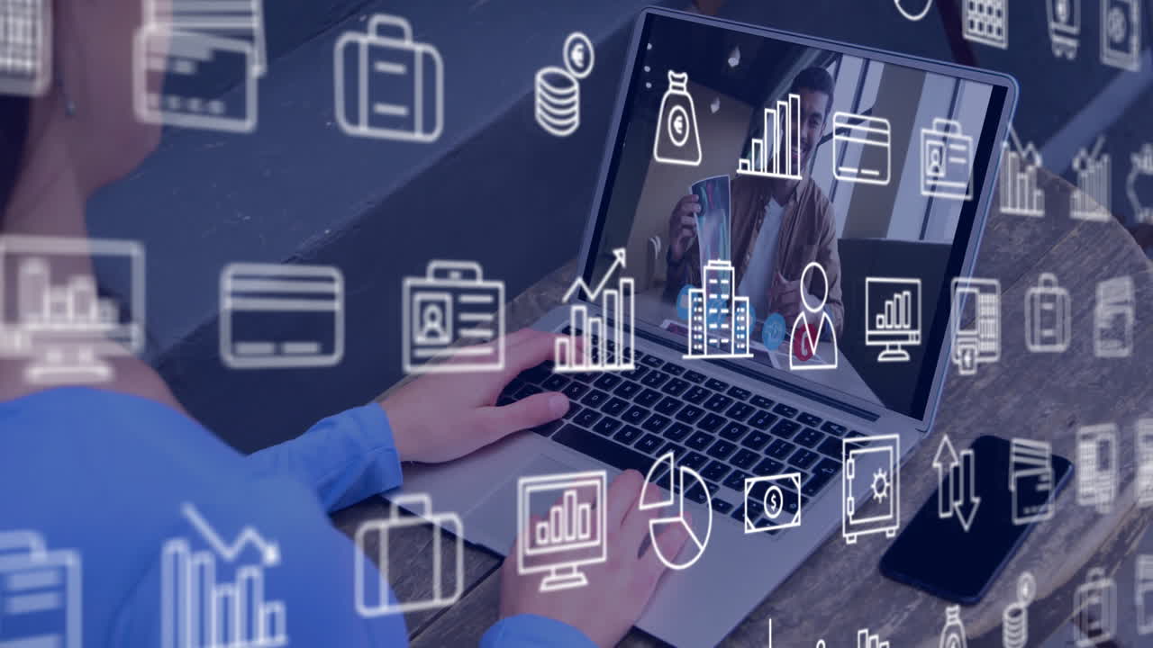 animación de iconos de negocios sobre mujer caucásica usando portátil para llamada de video