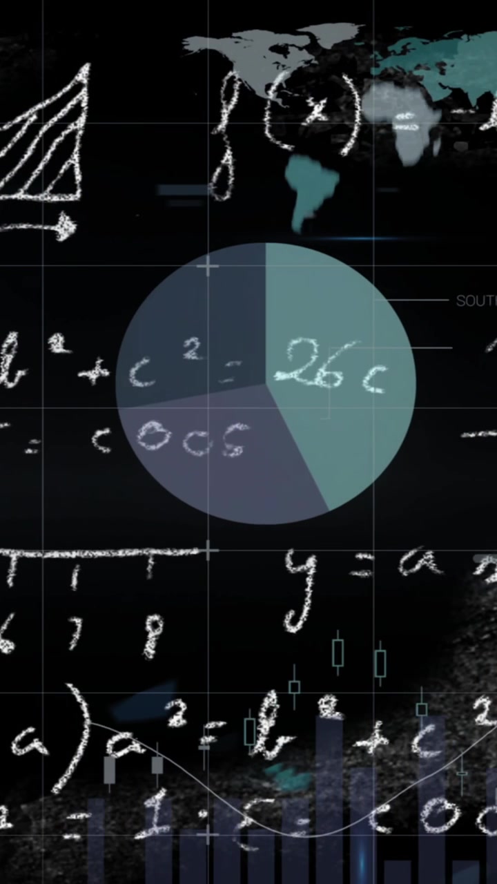 Animation of mathematical equation and infographic interface over map against black background