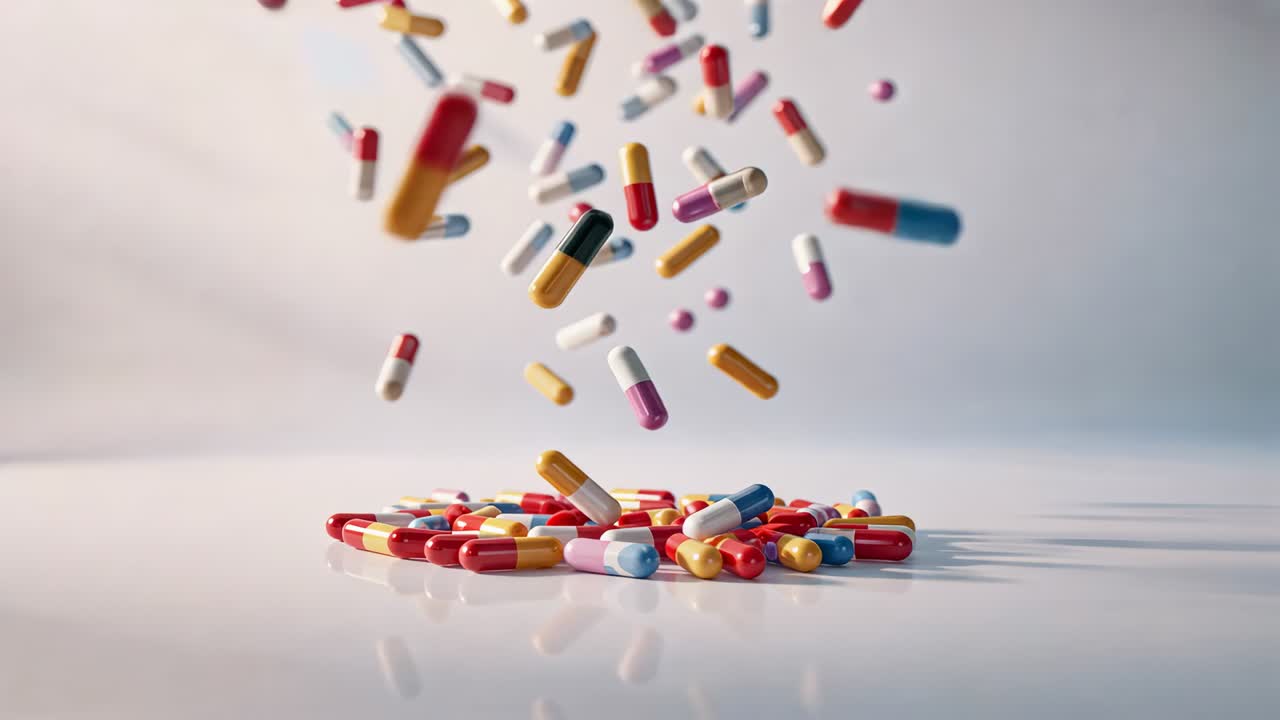 Releasing from above two-tone capsule pills cascading, forming pile on glossy tabletop, with powder