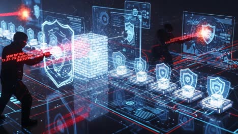 dynamic cybersecurity duel: two operatives engage in a virtual battle against digital threats, utilizing advanced technologies and strategies in a futuristic environment
