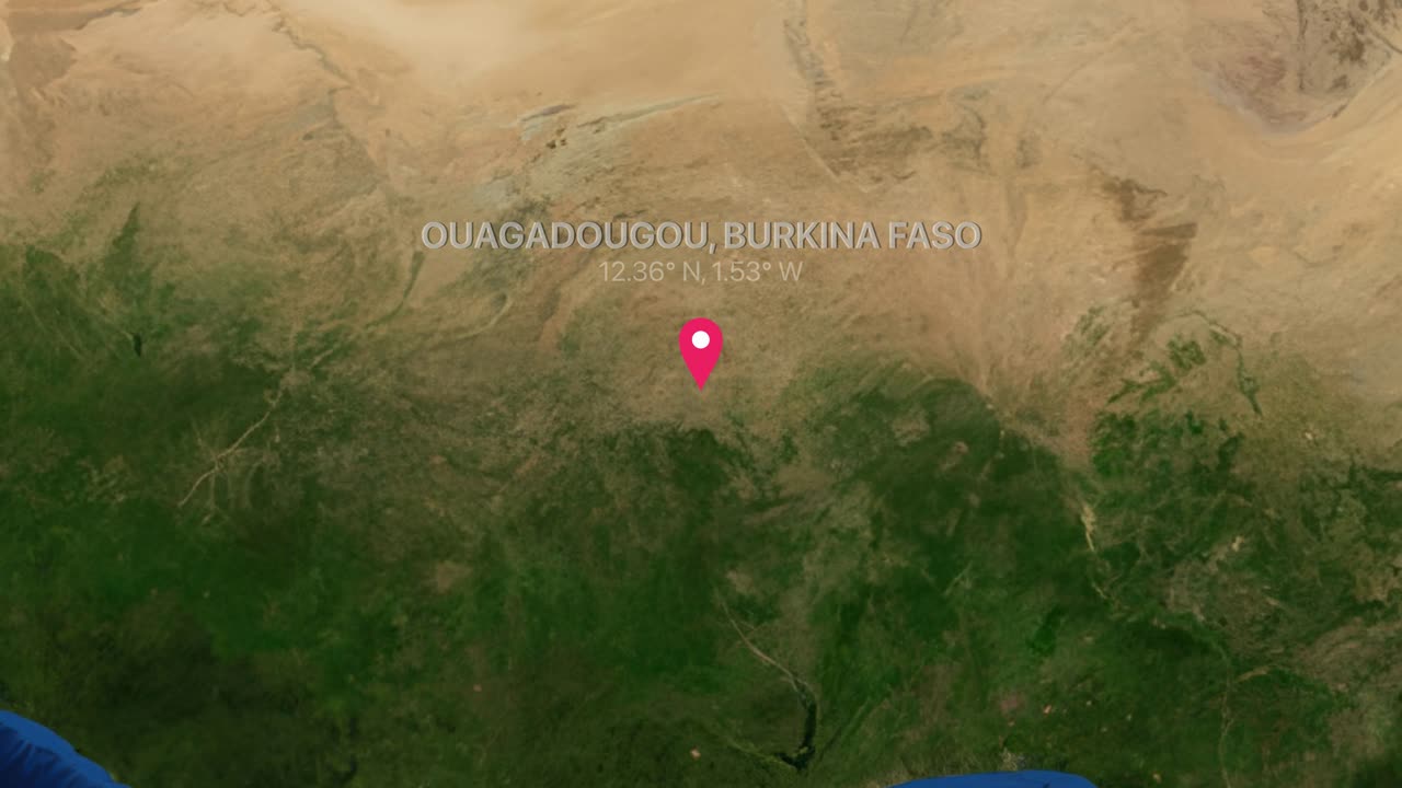 A smooth digital zoom transitions from a global earth view to Ouagadougou Burkina Faso