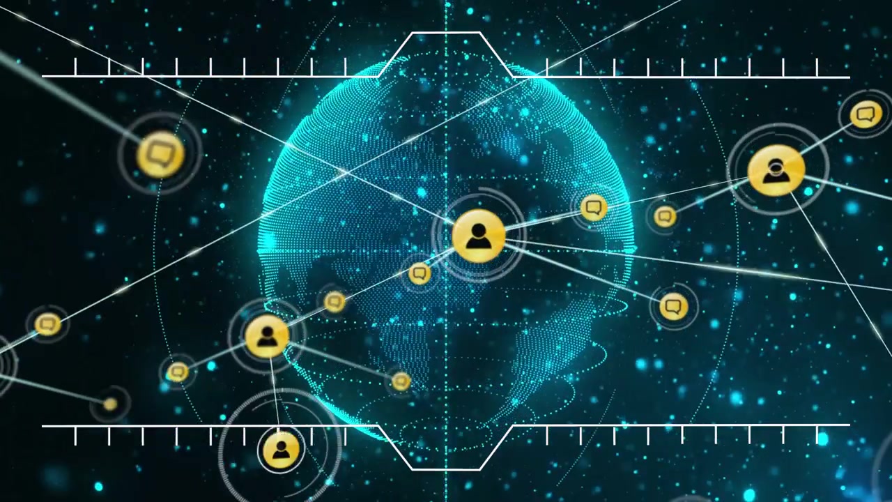 Vídeo vertical: Globo pulsando com um avatar central aparecendo, enviando links e ícones de chat para tecnologia