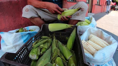 Man-peeling-corn-on-the-sidewalk