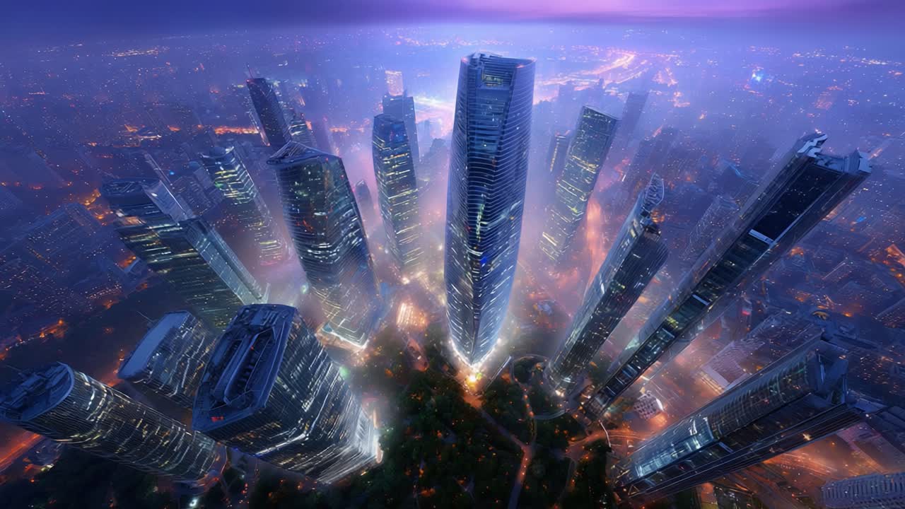 Aerial View of Urban Skyline at Dusk: Captivating Nightfall Over a Metropolis Surrounded by Towering Skyscrapers and City Lights