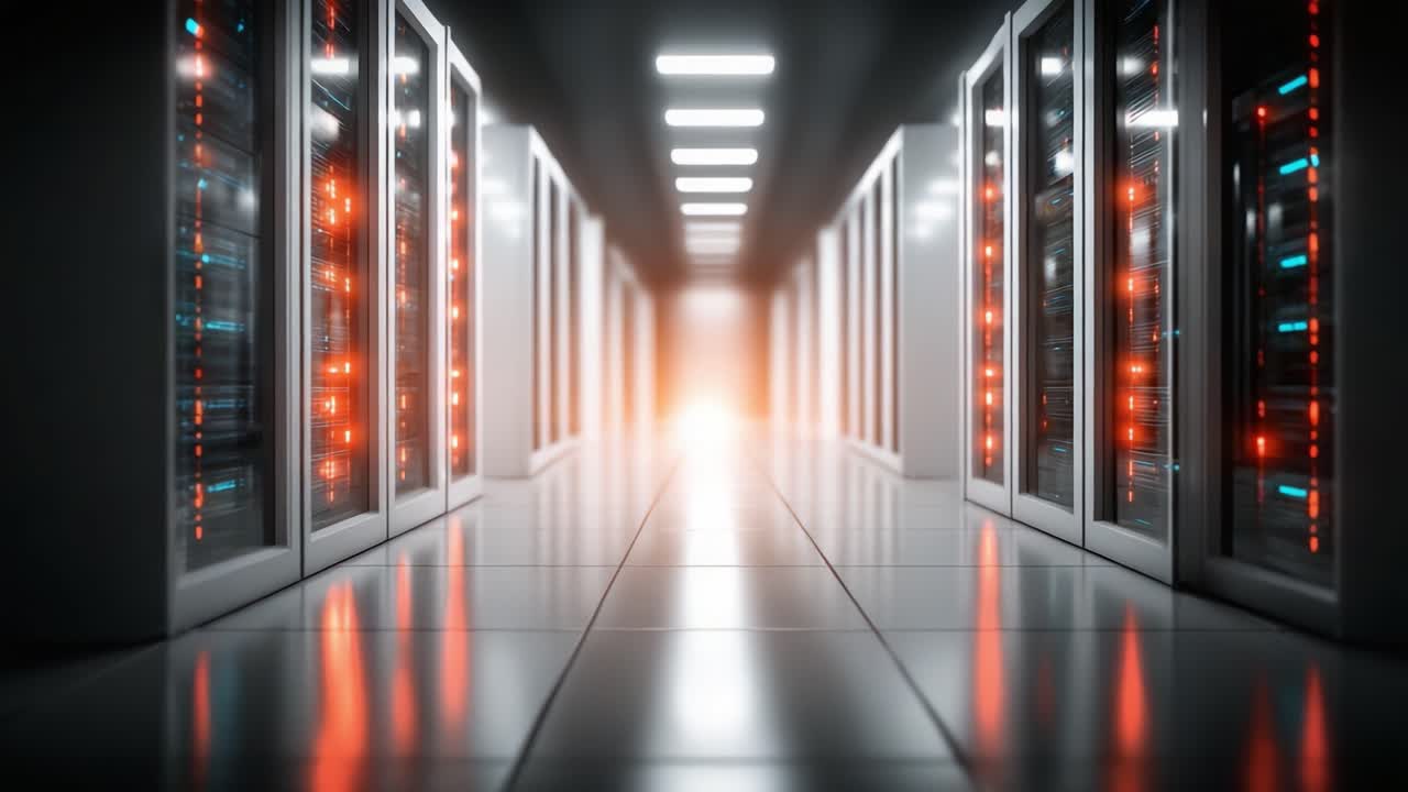 En levende datacenterkorridor med oplyste serverracks og reflekterende overflader, der fremhæver den moderne teknologiinfrastruktur i et højtydende beregningsmiljø.