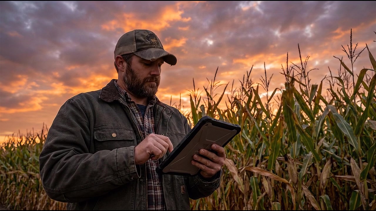 Professional gebruikt tablet buiten voor het bekijken van digitale informatie in een natuurlijke omgeving.