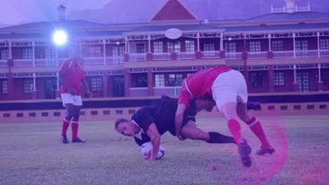 Animation-of-glowing-lights-over-diverse-rugby-players-in-sports-stadium