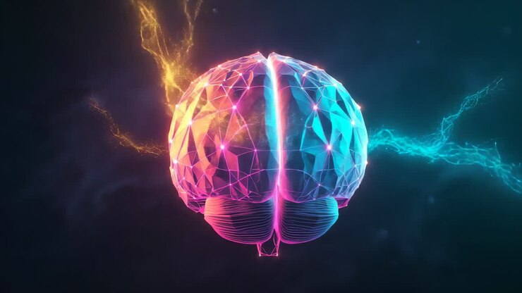 Activating golden and cyan streams charging wireframe brain in cosmic void, pulsing neural nodes