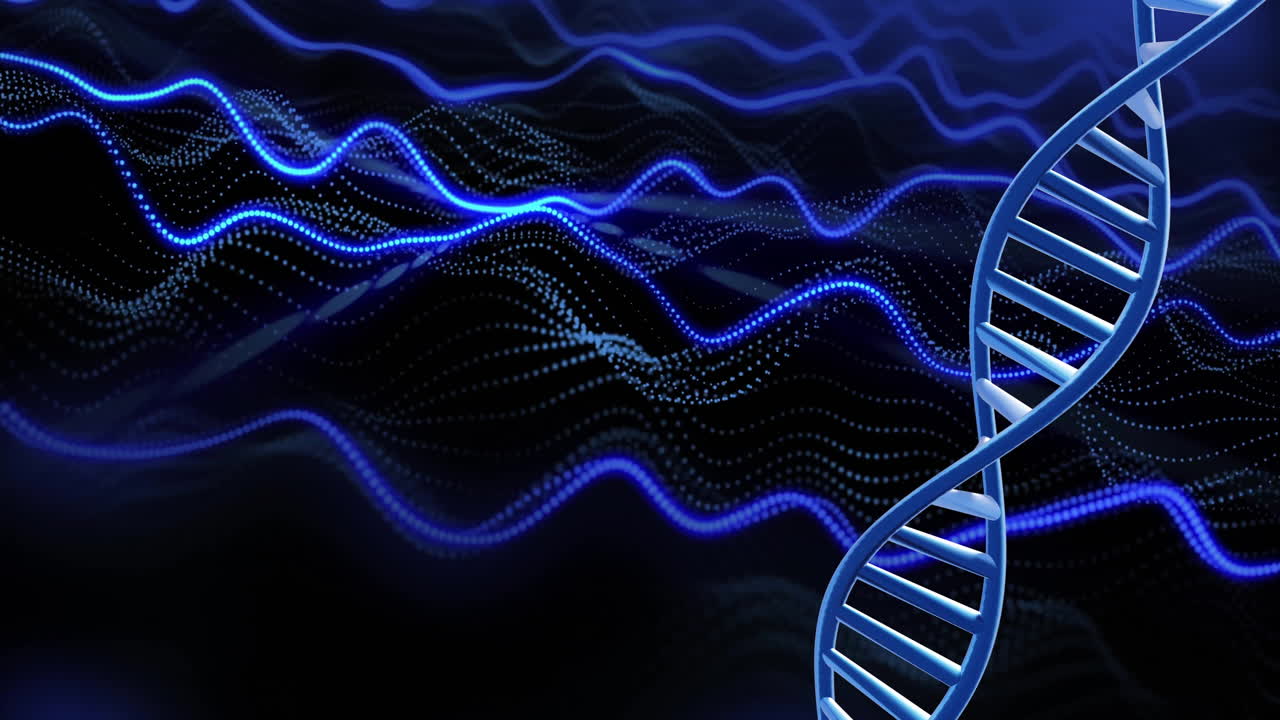 Animation of dna strand spinning with copy space and blue light trails over black background