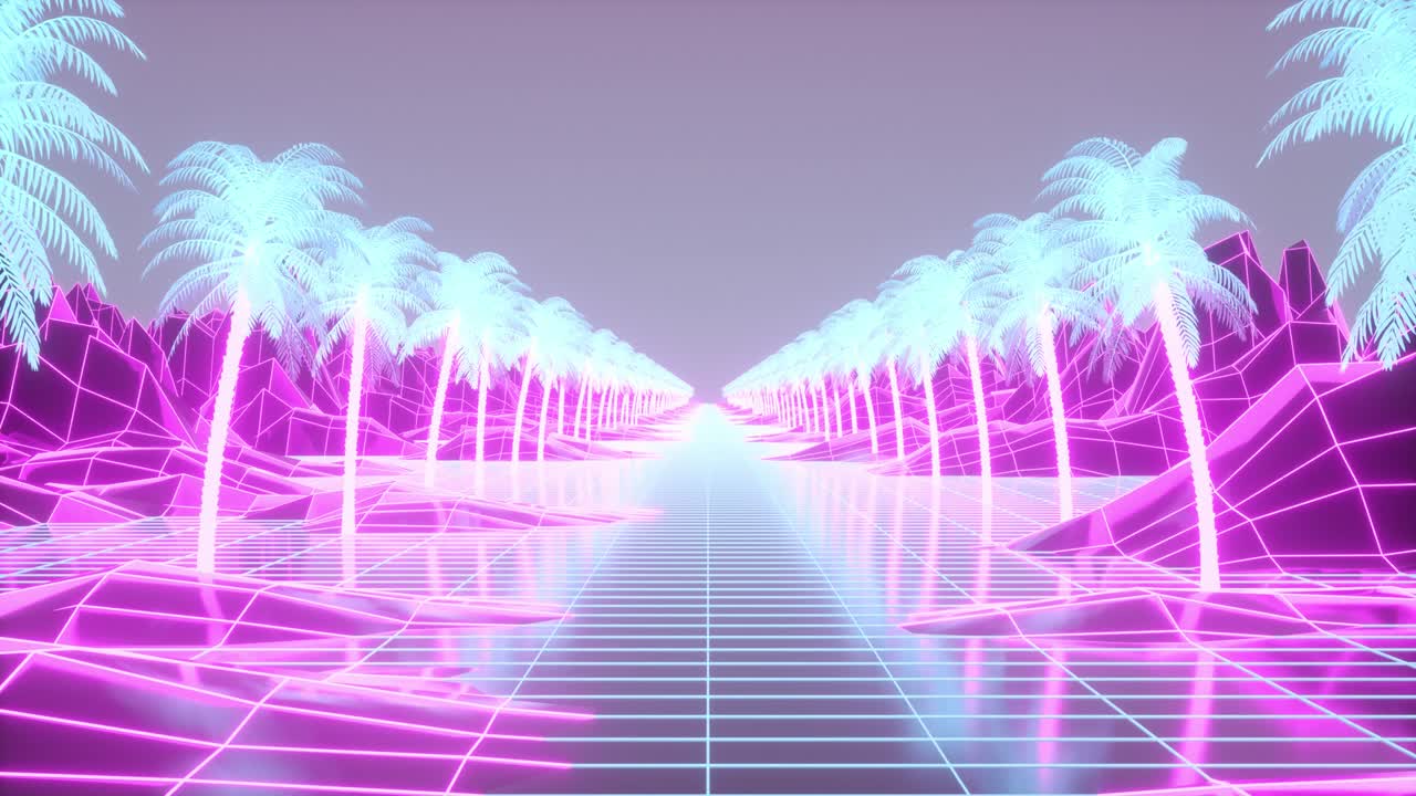Retro 80s style synthwave sunrise with palm trees in perfect loop