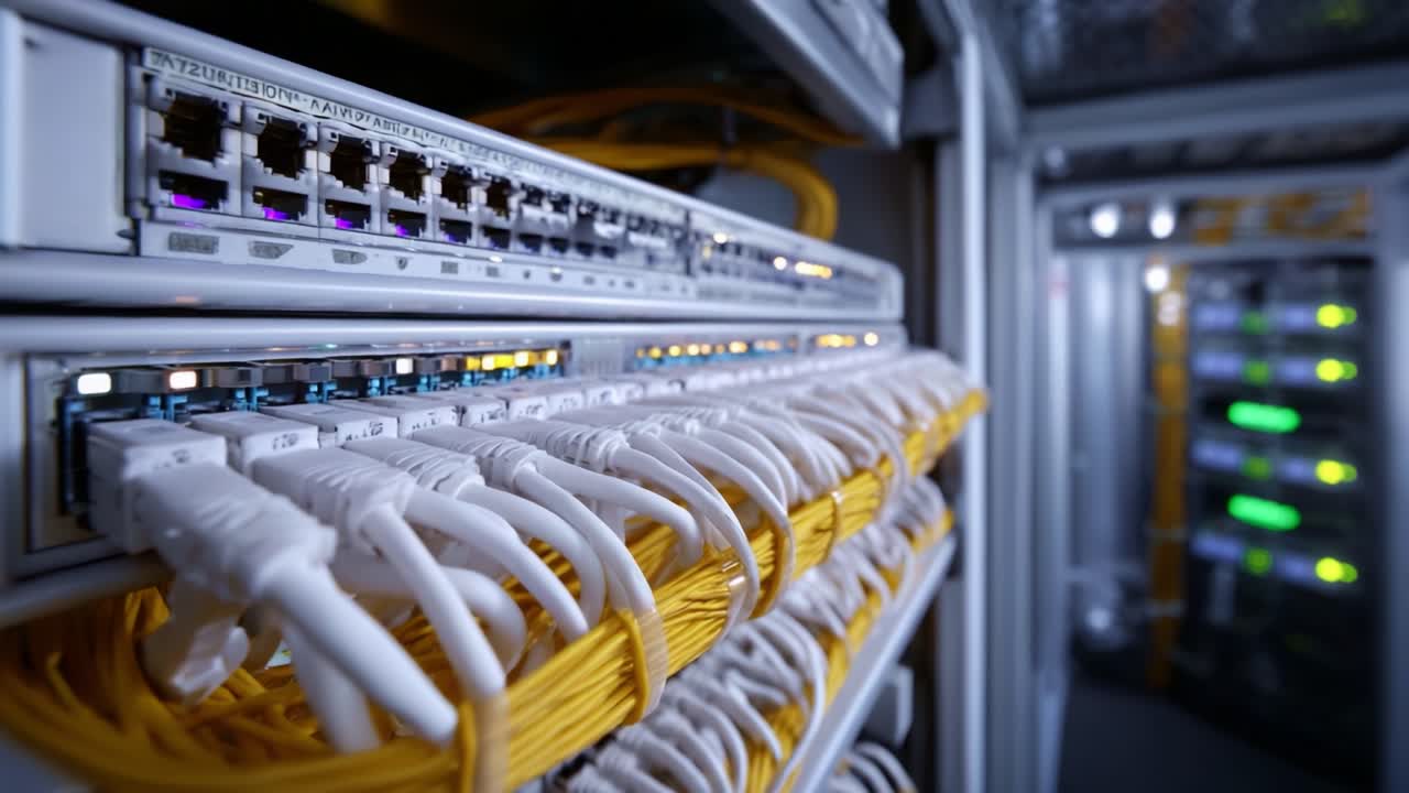 Infrastruttura di rete con cavi e switch che mostra la connettività dei dati in una sala server moderna, mettendo in evidenza la tecnologia e i sistemi di comunicazione