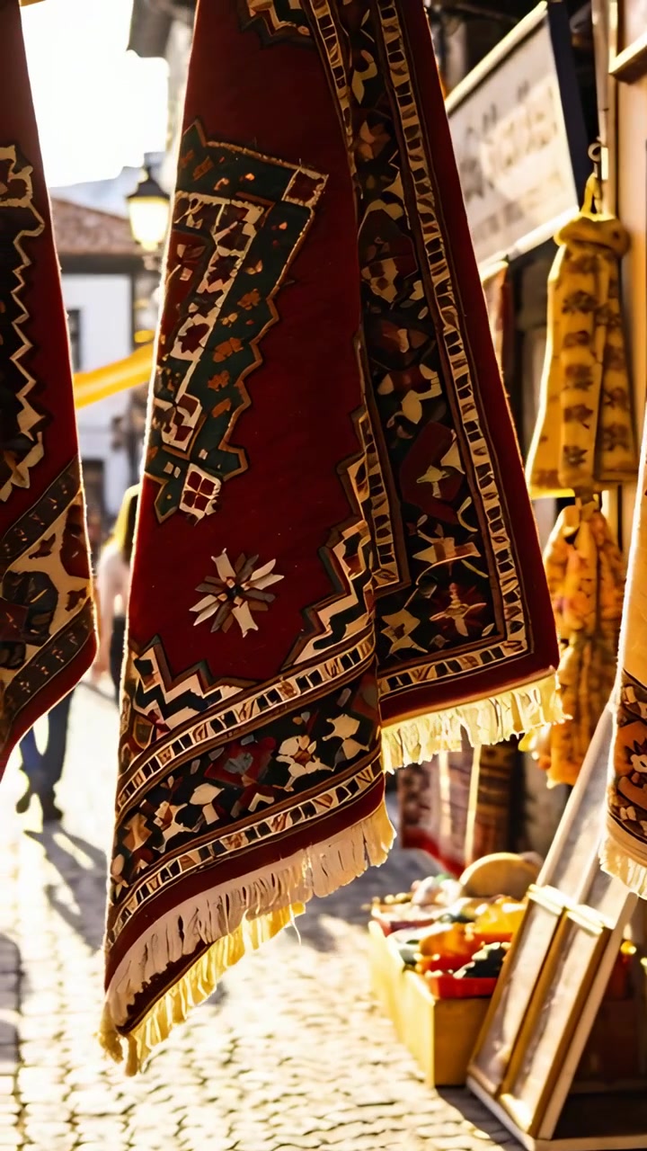 Vertical video: Swaying patterned red carpet reacting to breeze and sunlight at narrow market lane
