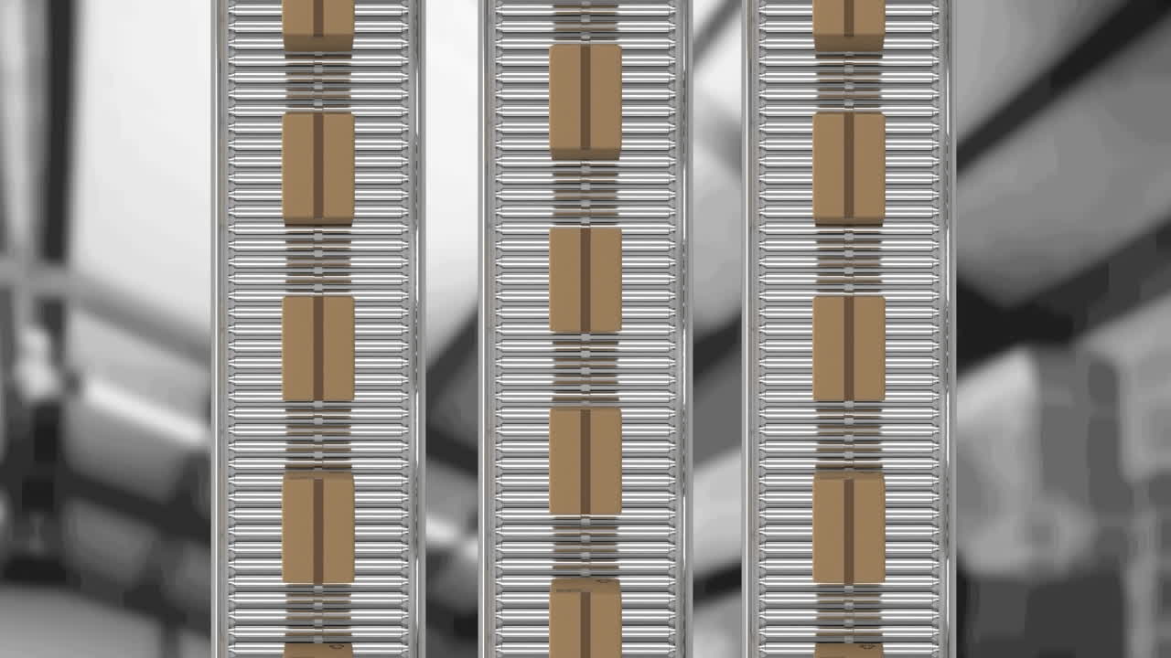 animación de cajas de cartón que se mueven en cintas transportadoras sobre el almacén