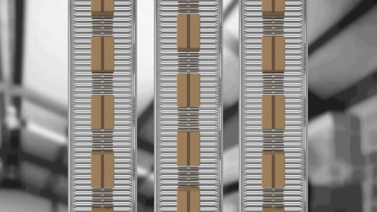 Animation of cardboard boxes moving on conveyor belts over warehouse