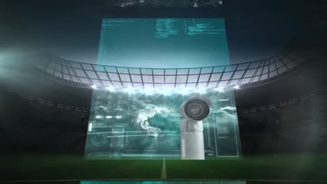 animation of diverse digital data moving fast on screens over stadium