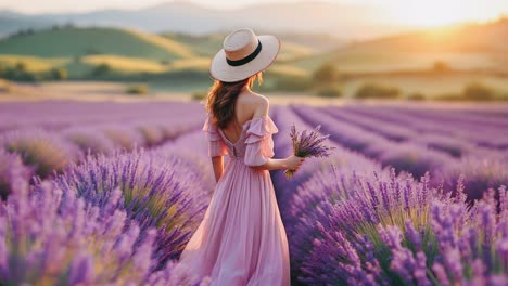 woman in a pink dress in a lavender field at sunset