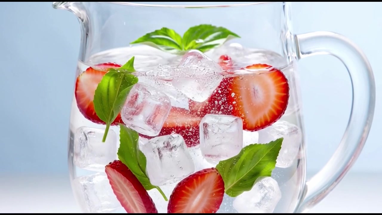 Refreshing Strawberry and Basil Infused Water in a Glass Pitcher