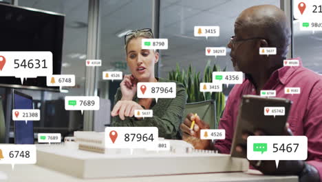 animation of notification bars over diverse architects discussing on 3d model of buildings