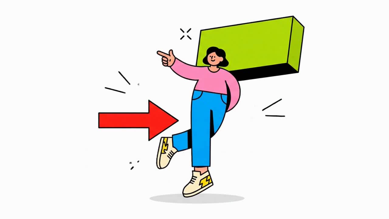 Energetic cartoon character pointing forward with a large red arrow towards a goal