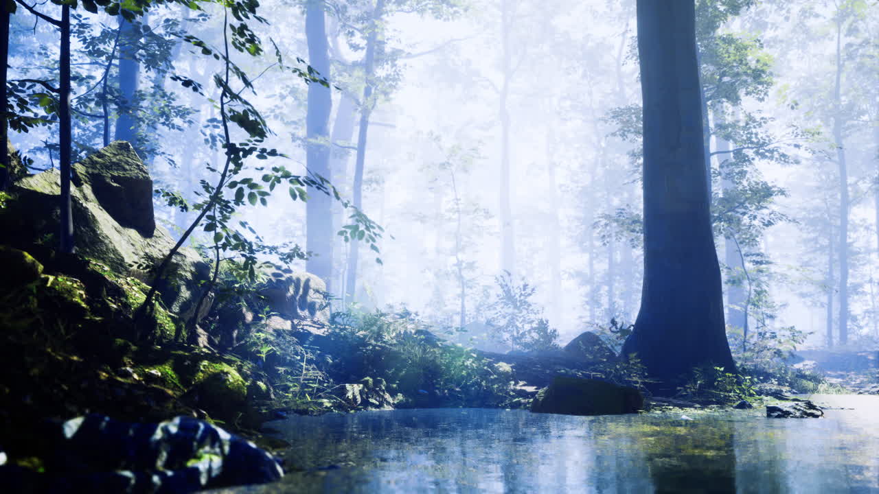 Misty forest landscape with a tranquil pond reflecting natural beauty