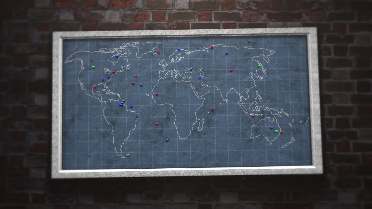 intrigante mapa del mundo con puntos de visita mostrados en una pared de ladrillo