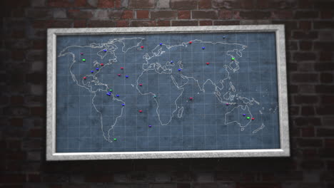 carte du monde intrigante avec des points de visite affichés sur un mur de pièce en brique