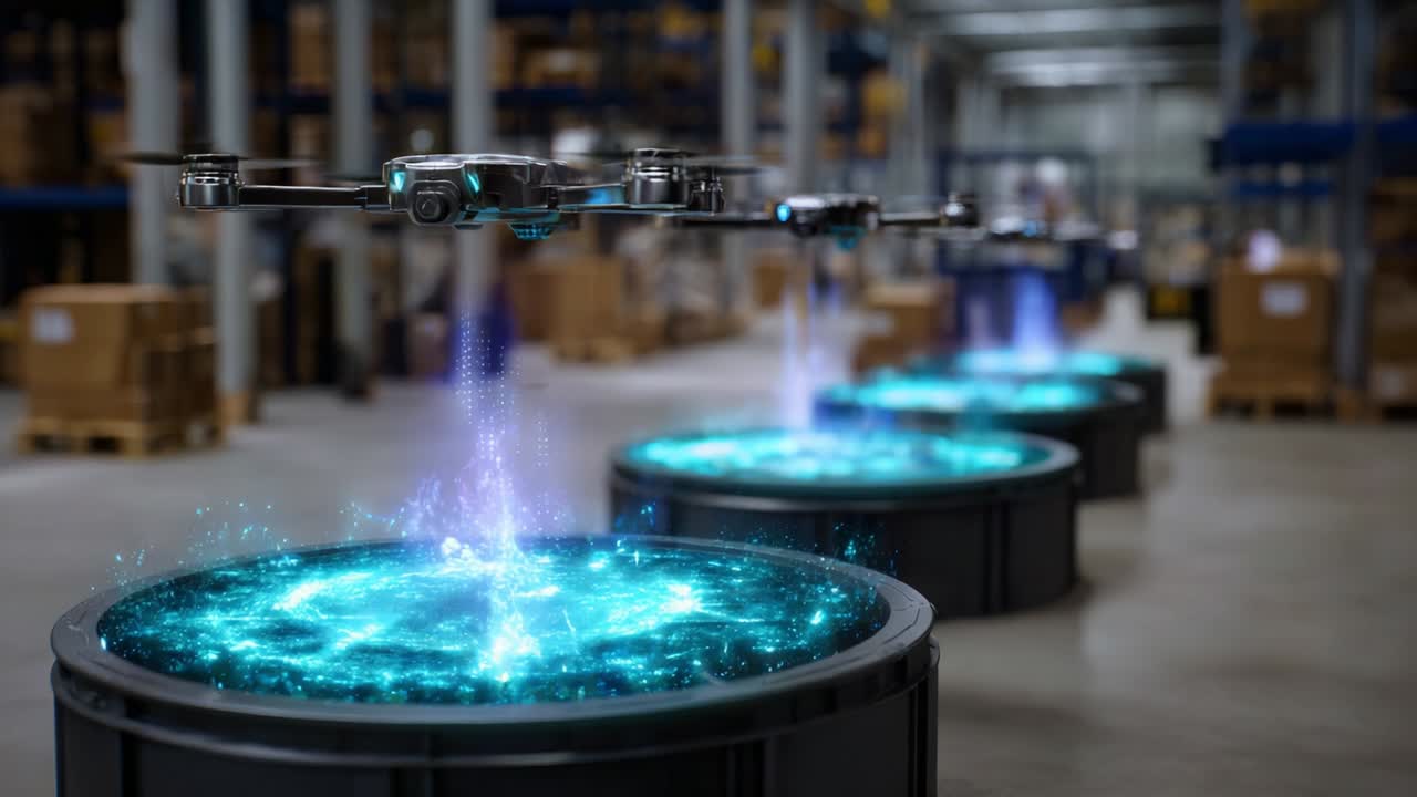 A High-Tech Warehouse Scene Featuring a Drone Hovering Over Futuristic Containers, Emitting Vibrant Energy Streams with Visual Effects Representing Advanced Technology and Innovative Solutions in Logistics Operations