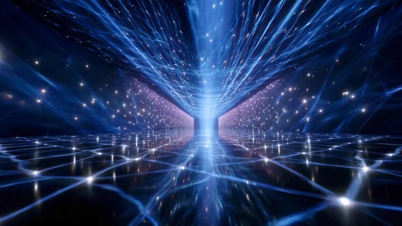 An immersive visualization of a futuristic portal, illuminated by vibrant blue lines and scattered stars, creating a mesmerizing pathway towards an unknown destination, symbolizing travel through space and time